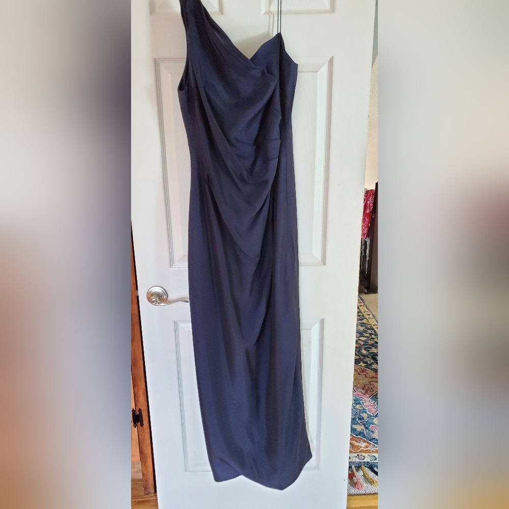 One shoulder evening gown, Carmen Marc Valvo, dk blue and black shimmer